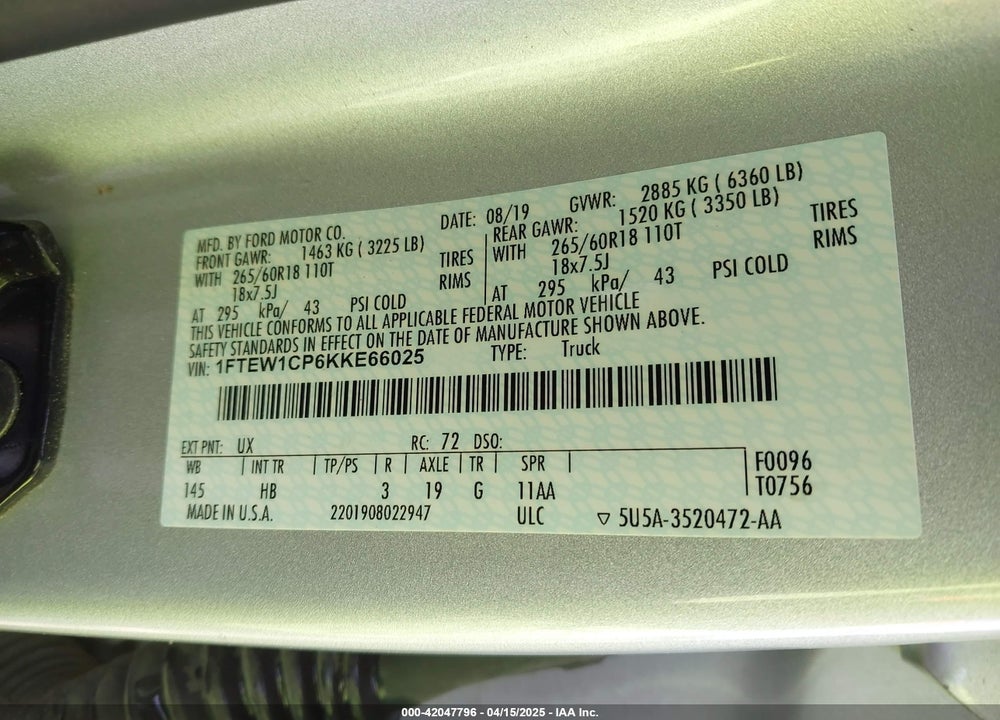 2019 FORD F-150 LARIAT VIN: 1FTEW1CP6KKE66025