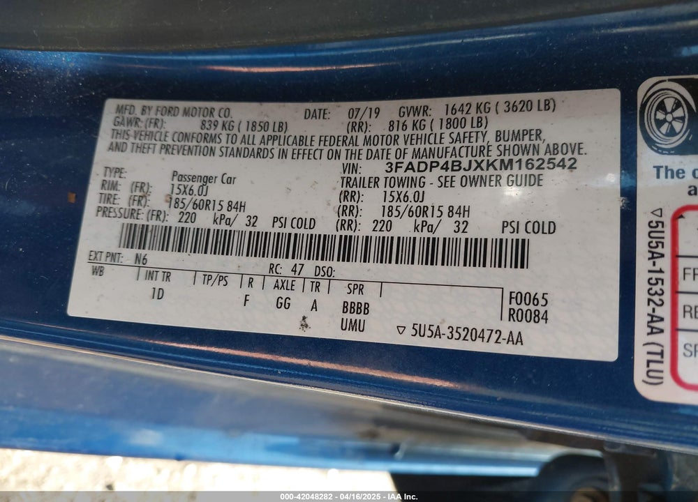 2019 FORD FIESTA VIN: 3FADP4BJXKM162542