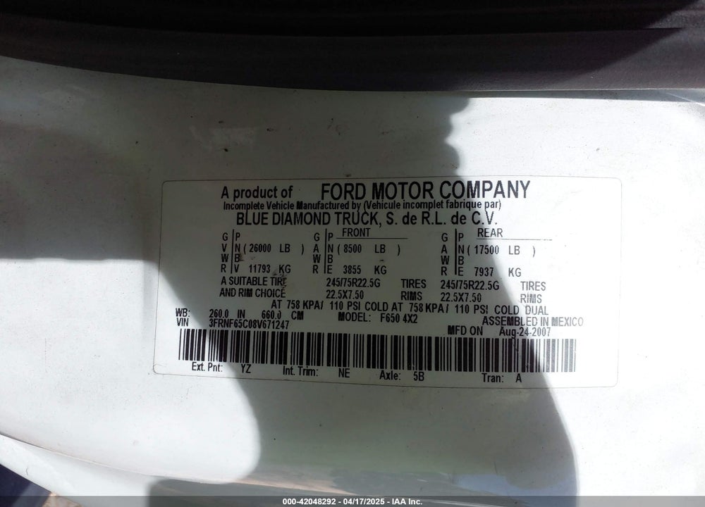 2008 FORD F-650 XL/XLT VIN: 3FRNF65C08V671247