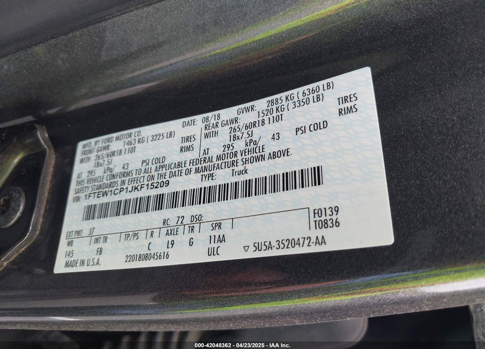 2018 FORD F-150 LARIAT/XL/XLT VIN: 1FTEW1CP1JKF15209