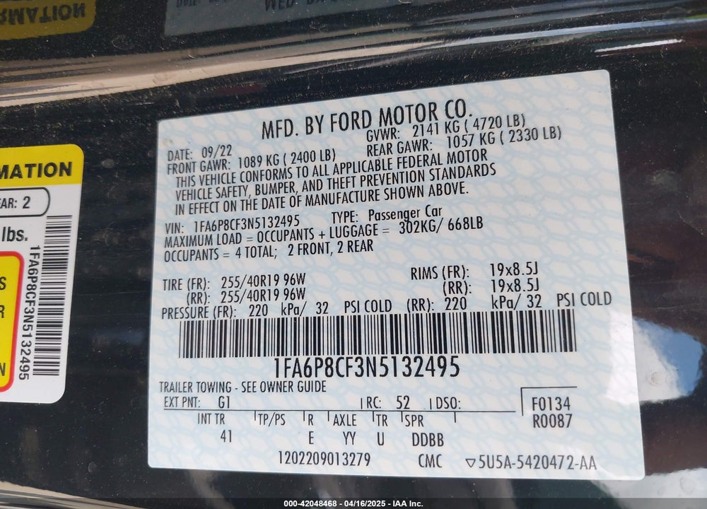2022 FORD MUSTANG VIN: 1FA6P8CF3N5132495
