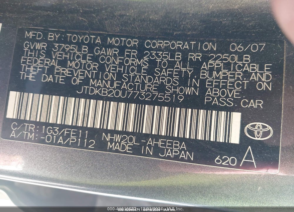 2007 TOYOTA PRIUS VIN: JTDKB20U773275519