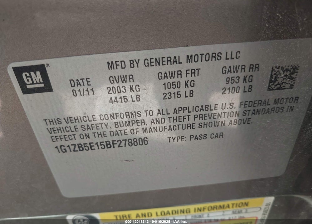 2011 CHEVROLET MALIBU LS VIN: 1G1ZB5E15BF278806