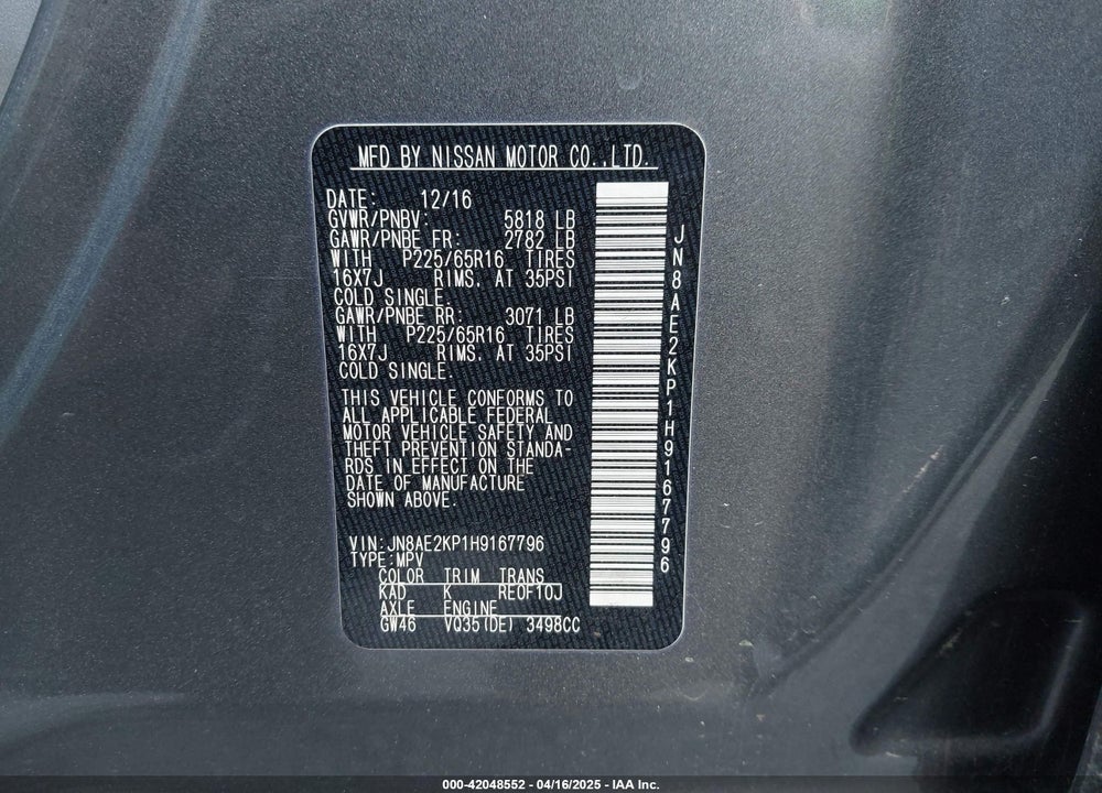 2017 NISSAN QUEST VIN: JN8AE2KP1H9167796