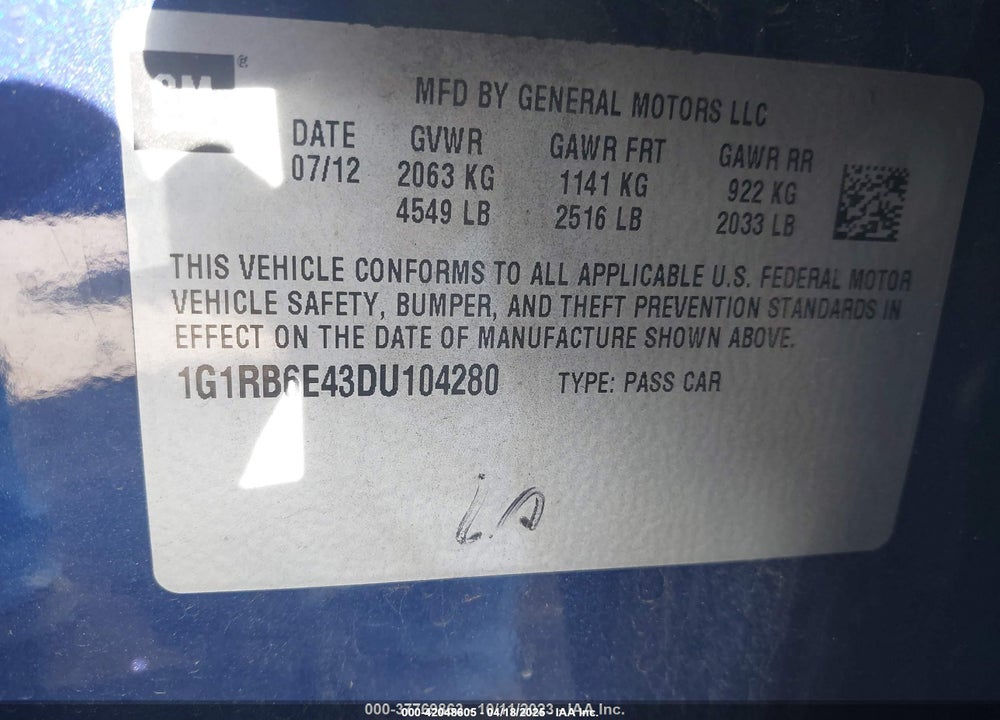 2013 CHEVROLET VOLT VIN: 1G1RB6E43DU104280