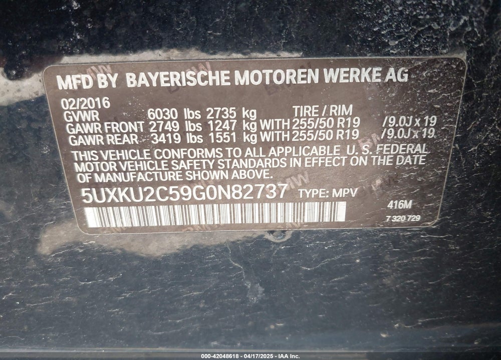 2016 BMW X6 VIN: 5UXKU2C59G0N82737
