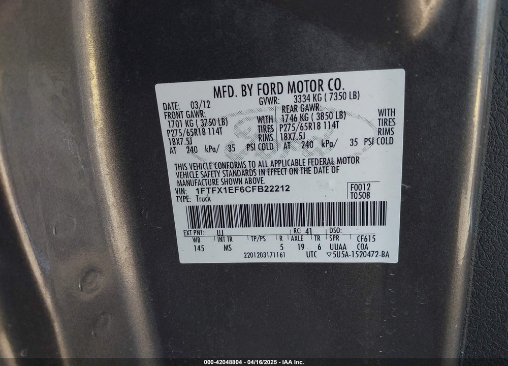 2012 FORD F150 VIN: 1FTFX1EF6CFB22212