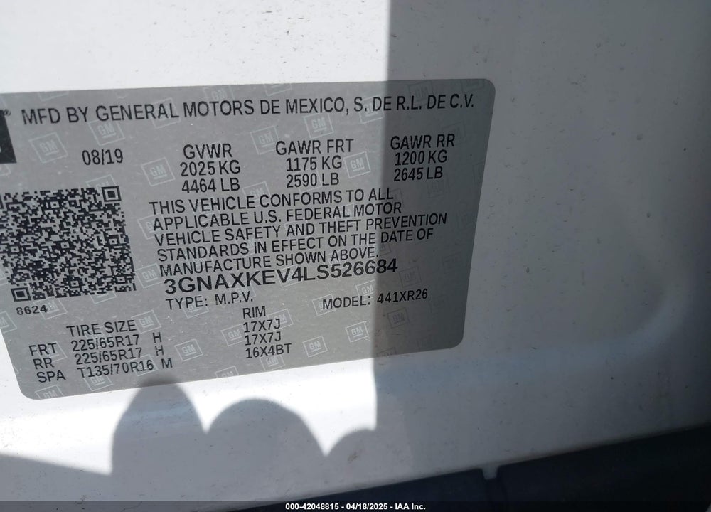 2020 CHEVROLET EQUINOX FWD LT 1.5L TURBO VIN: 3GNAXKEV4LS526684