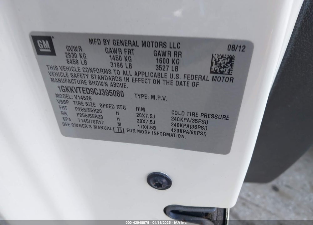 2012 GMC ACADIA VIN: 1GKKVTED9CJ395080