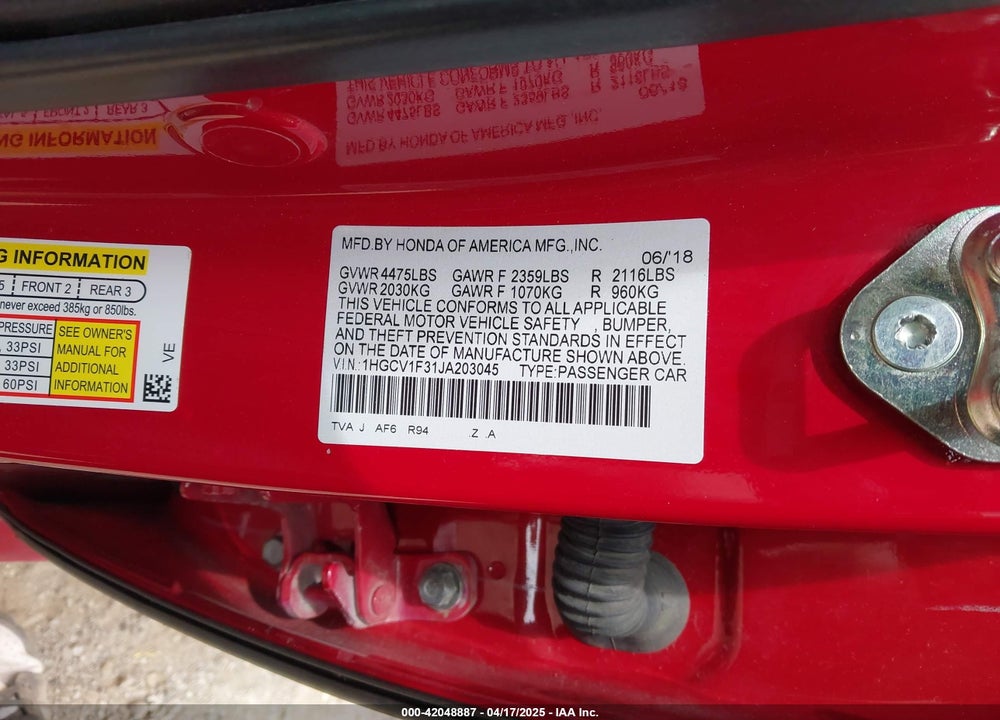 2018 HONDA ACCORD SPORT VIN: 1HGCV1F31JA203045