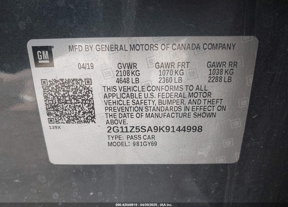 2019 CHEVROLET IMPALA LT VIN: 2G11Z5SA9K9144998
