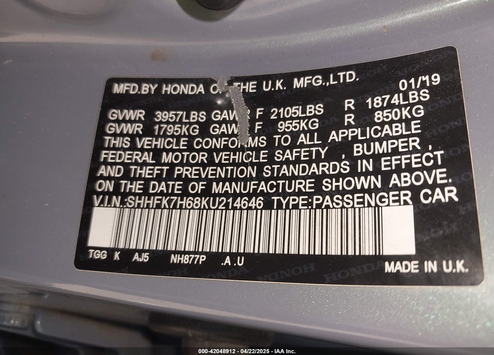 2019 HONDA CIVIC EX VIN: SHHFK7H68KU214646