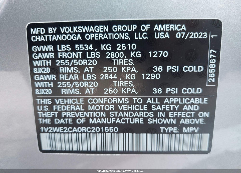 2024 VOLKSWAGEN ATLAS CROSS SPORT VIN: 1V2WE2CA0RC201550