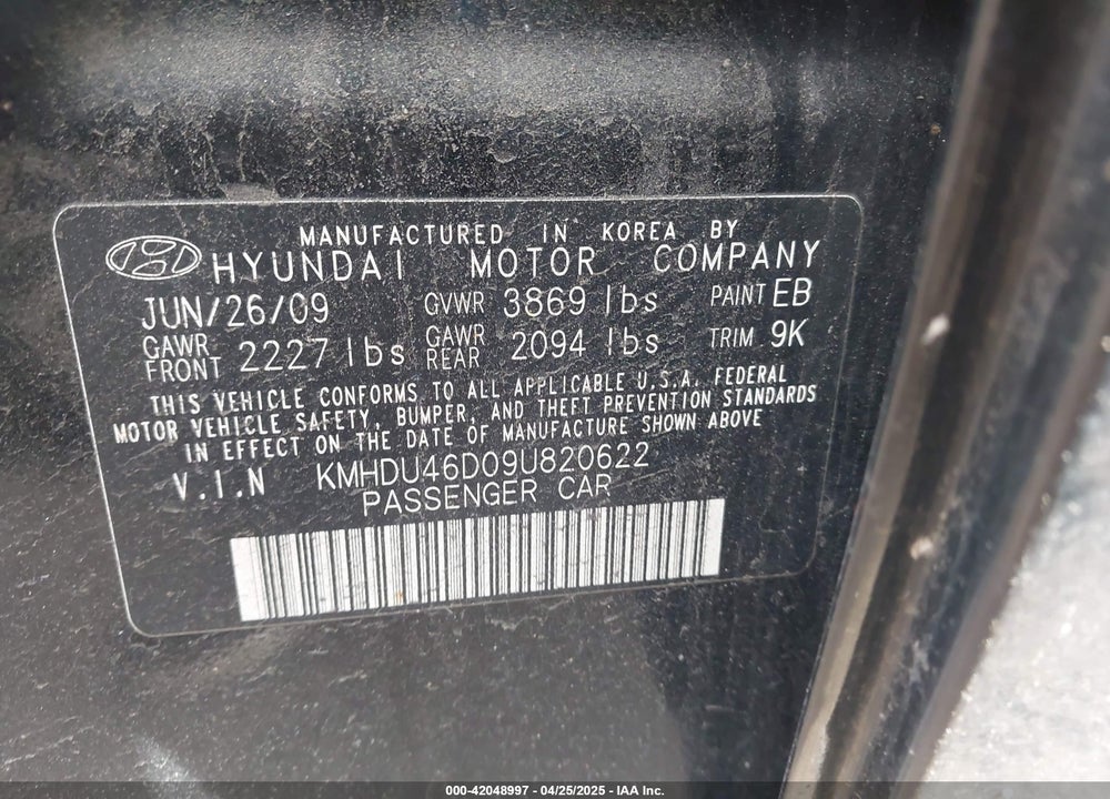 2009 HYUNDAI ELANTRA GLS VIN: KMHDU46D09U820622