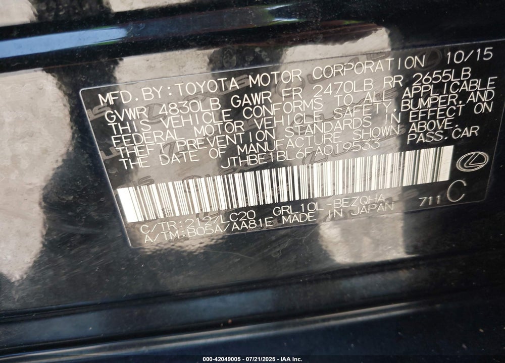 2015 LEXUS GS350 VIN: JTHBE1BL6FA019533