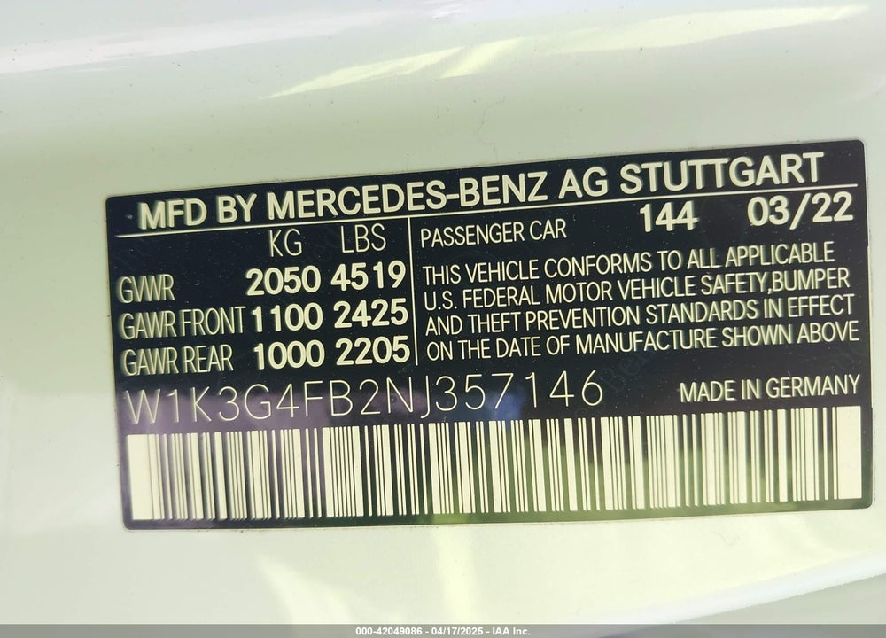 2022 MERCEDES-BENZ A 220 4MATIC VIN: W1K3G4FB2NJ357146