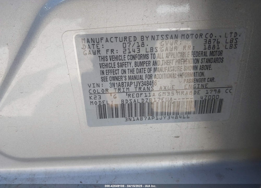 2018 NISSAN SENTRA VIN: 3N1AB7AP1JY348466
