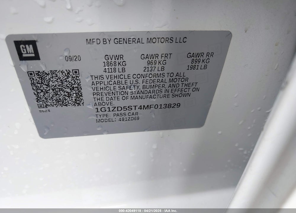 2021 CHEVROLET MALIBU VIN: 1G1ZD5ST4MF013829