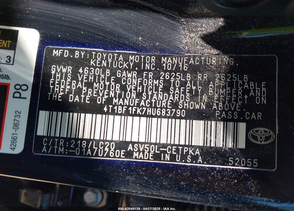 2017 TOYOTA CAMRY VIN: 4T1BF1FK7HU683790