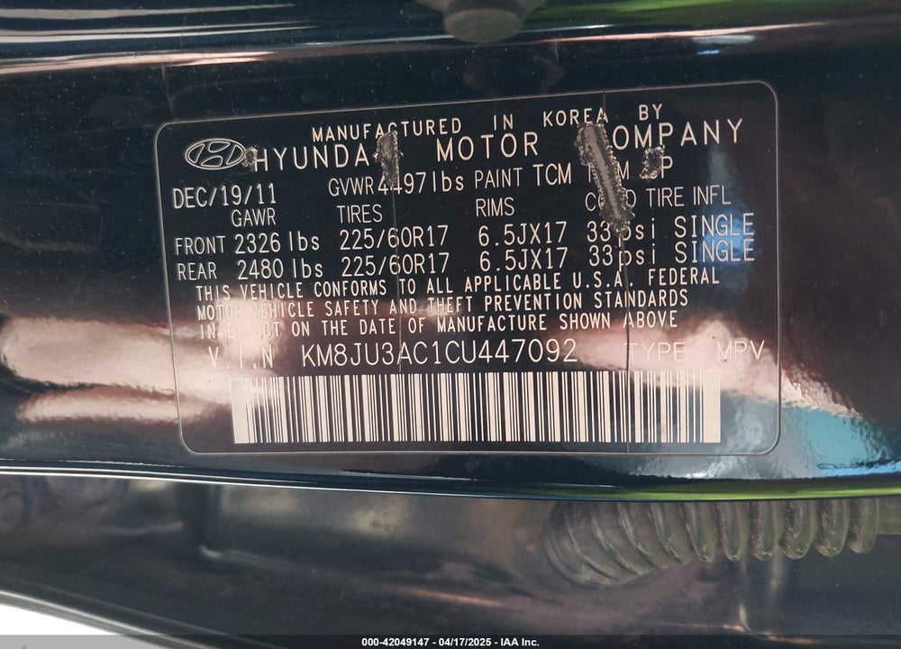 2012 HYUNDAI TUCSON VIN: KM8JU3AC1CU447092
