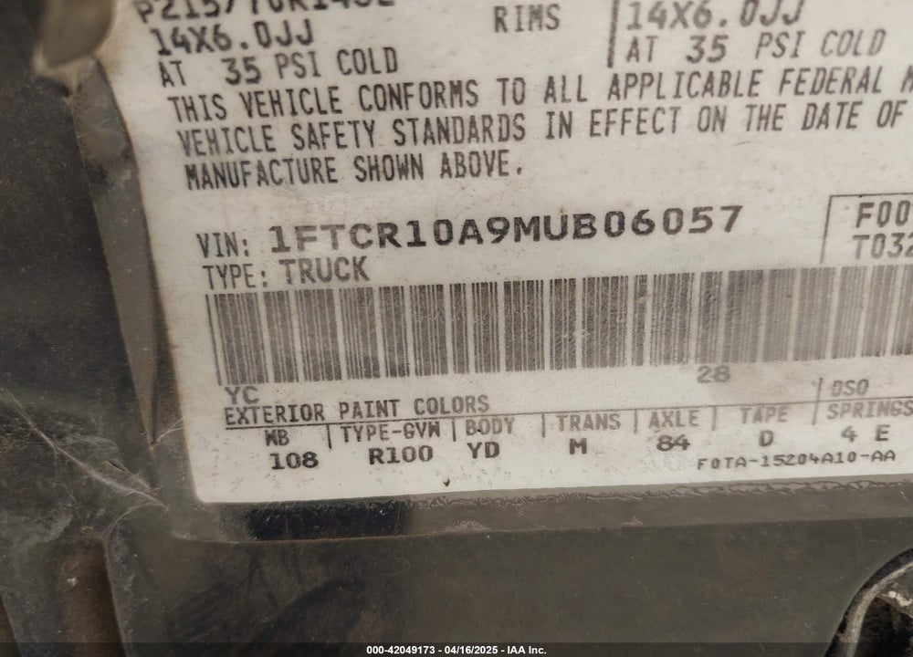 1991 FORD RANGER VIN: 1FTCR10A9MUB06057