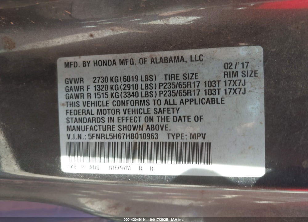 2017 HONDA ODYSSEY VIN: 5FNRL5H67HB010963