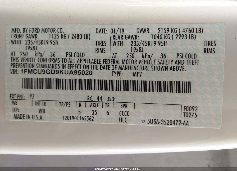 2019 FORD ESCAPE VIN: 1FMCU9GD9KUA95020
