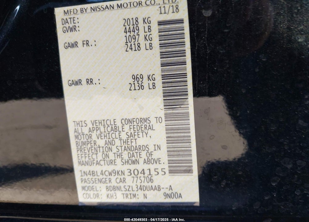 2019 NISSAN ALTIMA 2.5 SR VIN: 1N4BL4CW9KN304155