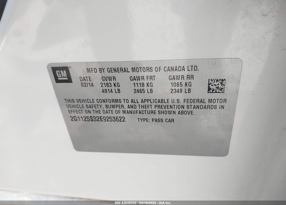 2014 CHEVROLET IMPALA VIN: 2G1125S32E9253622