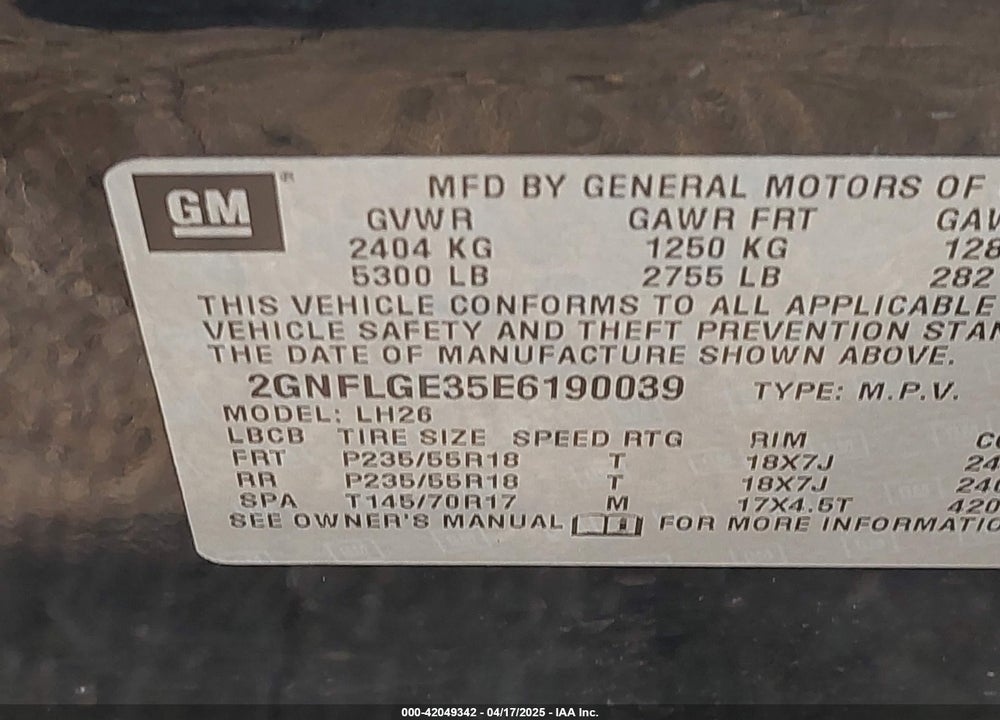 2014 CHEVROLET EQUINOX VIN: 2GNFLGE35E6190039
