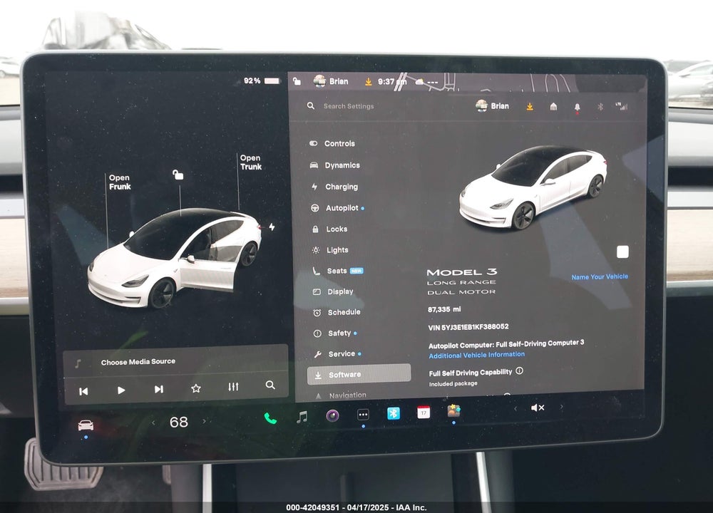 2019 TESLA MODEL 3 LONG RANGE/PERFORMANCE VIN: 5YJ3E1EB1KF388052