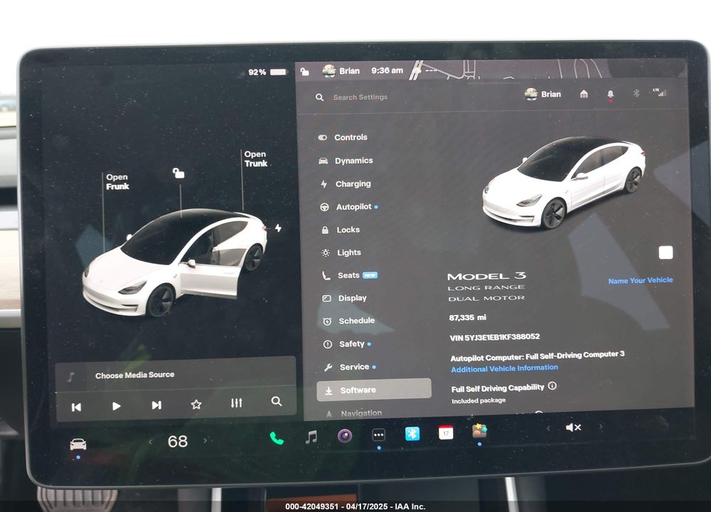 2019 TESLA MODEL 3 LONG RANGE/PERFORMANCE VIN: 5YJ3E1EB1KF388052
