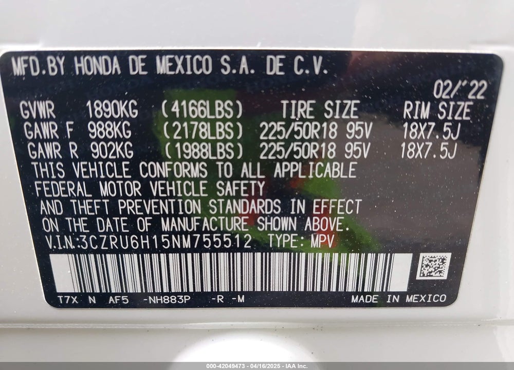 2022 HONDA HR-V VIN: 3CZRU6H15NM755512