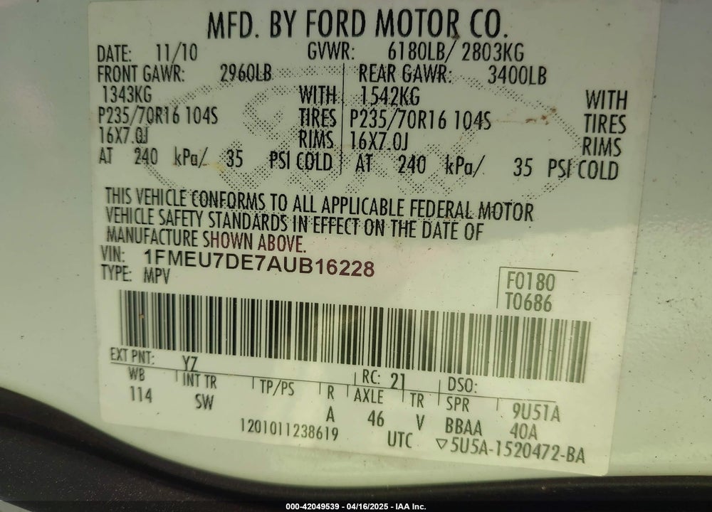 2010 FORD EXPLORER XLT VIN: 1FMEU7DE7AUB16228
