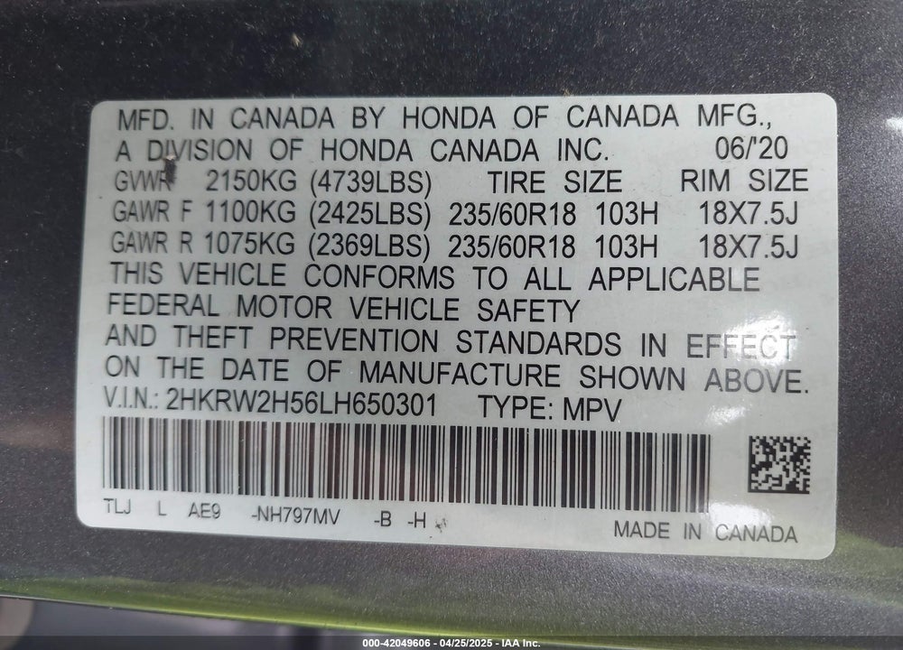 2020 HONDA CR-V AWD EX VIN: 2HKRW2H56LH650301