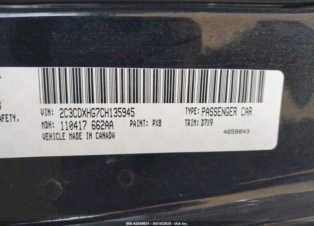 2012 DODGE CHARGER VIN: 2C3CDXHG7CH135945