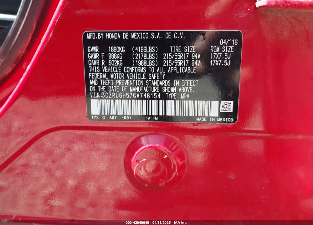 2016 HONDA HR-V EX VIN: 3CZRU6H57GM746154