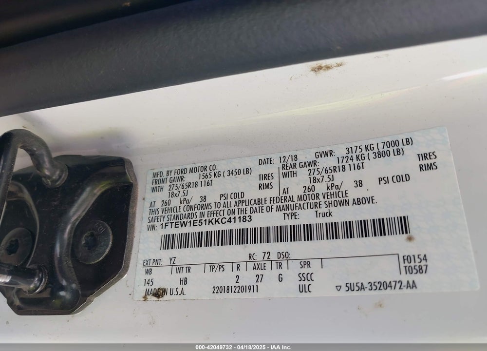 2019 FORD F-150 LARIAT VIN: 1FTEW1E51KKC41183