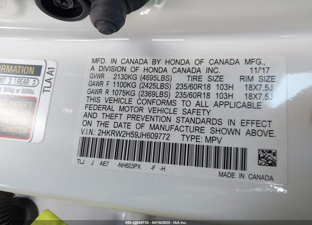 2018 HONDA CR-V EX VIN: 2HKRW2H59JH609772