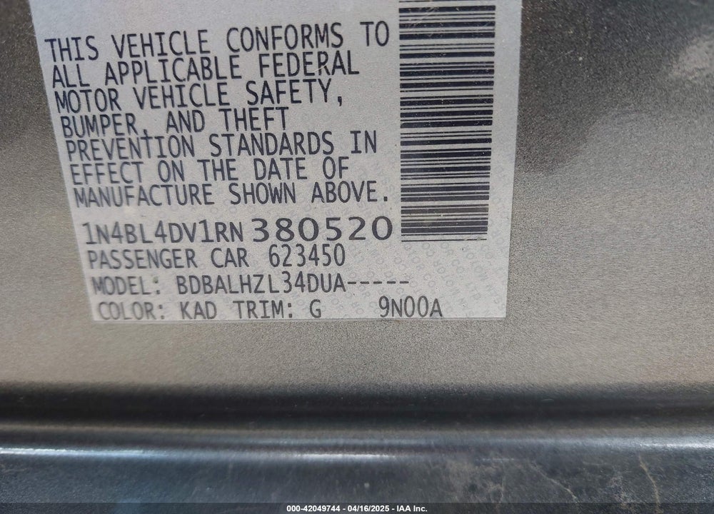 2024 NISSAN ALTIMA VIN: 1N4BL4DV1RN380520