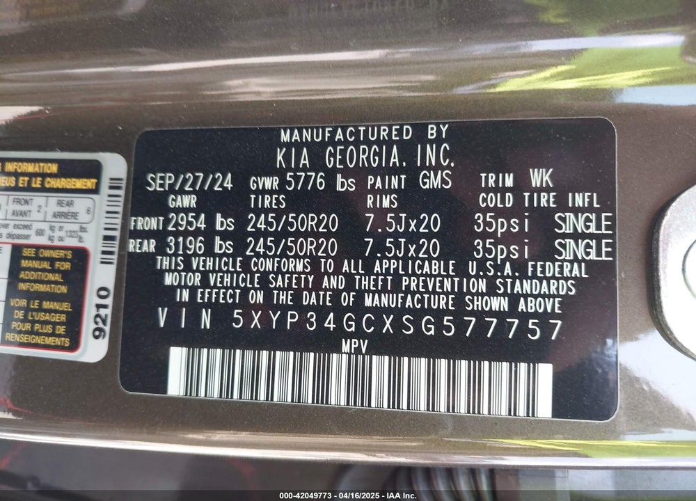 2025 KIA TELLURIDE VIN: 5XYP34GCXSG577757