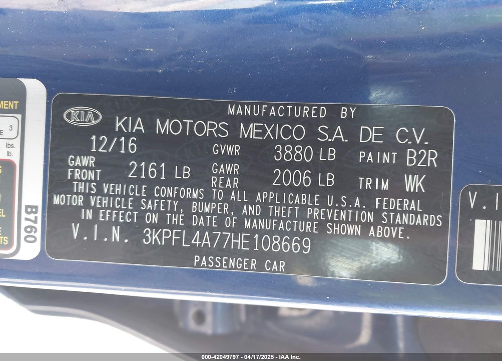 2017 KIA FORTE LX VIN: 3KPFL4A77HE108669