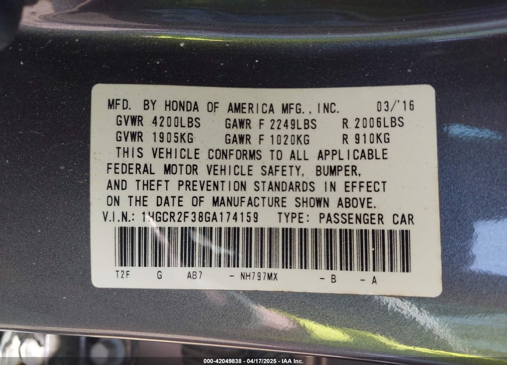 2016 HONDA ACCORD LX VIN: 1HGCR2F38GA174159