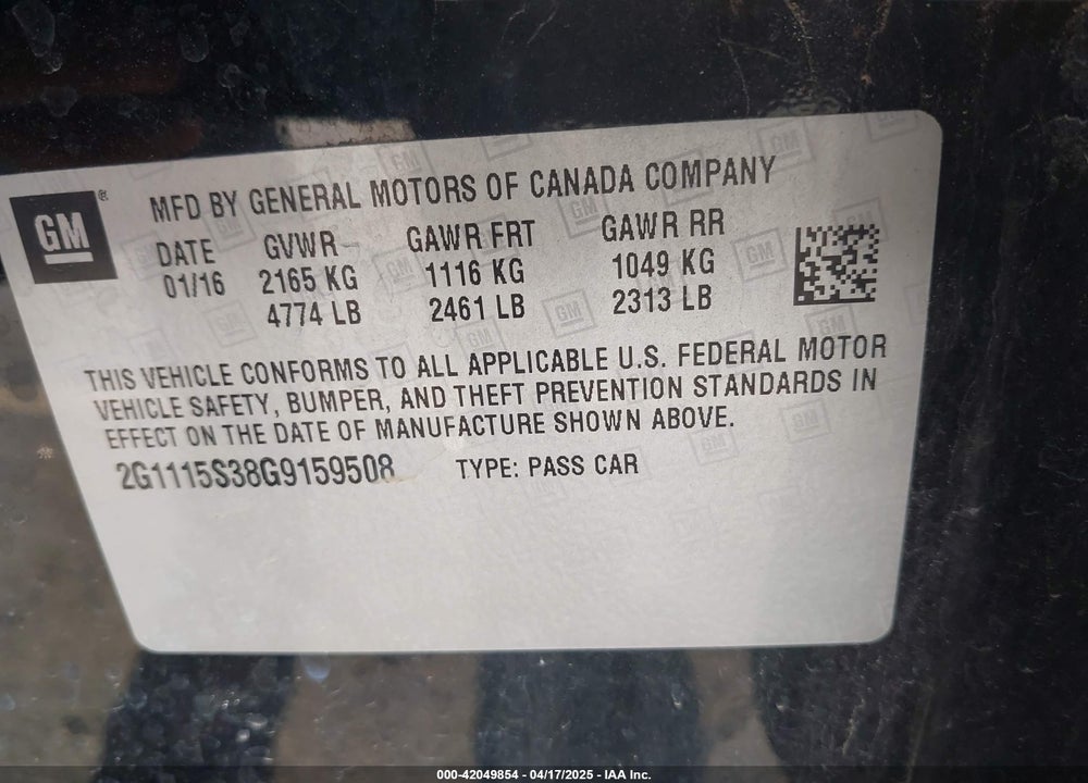 2016 CHEVROLET IMPALA VIN: 2G1115S38G9159508