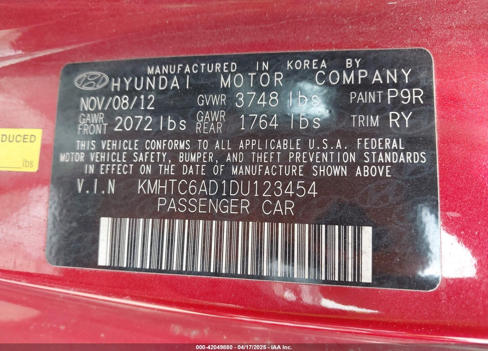 2013 HYUNDAI VELOSTER VIN: KMHTC6AD1DU123454