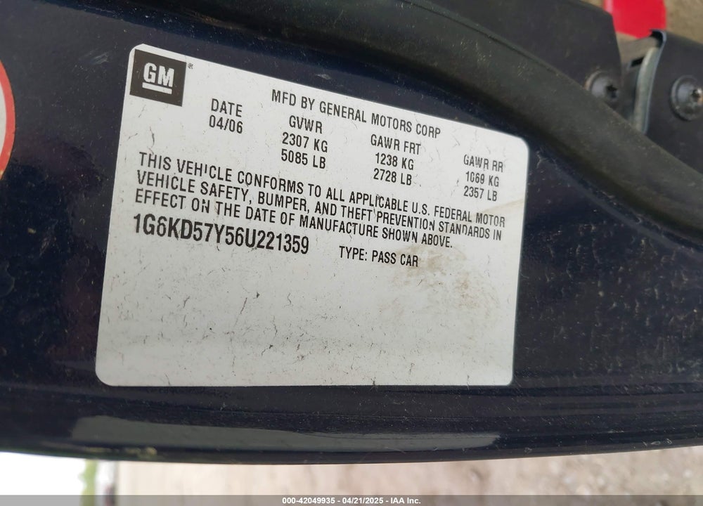 2006 CADILLAC DTS VIN: 1G6KD57Y56U221359