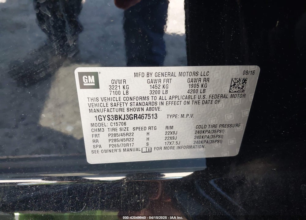 2016 CADILLAC ESCALADE VIN: 1GYS3BKJ3GR467513