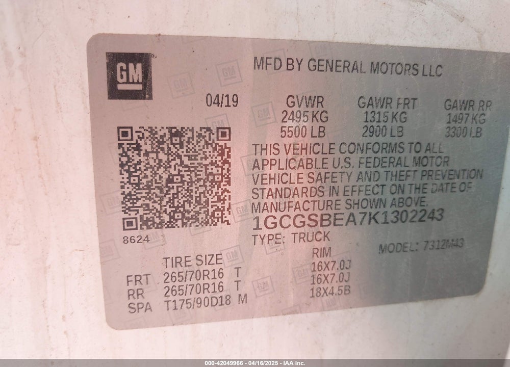 2019 CHEVROLET COLORADO VIN: 1GCGSBEA7K1302243