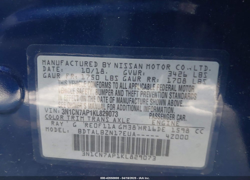 2019 NISSAN VERSA VIN: 3N1CN7AP1KL829073