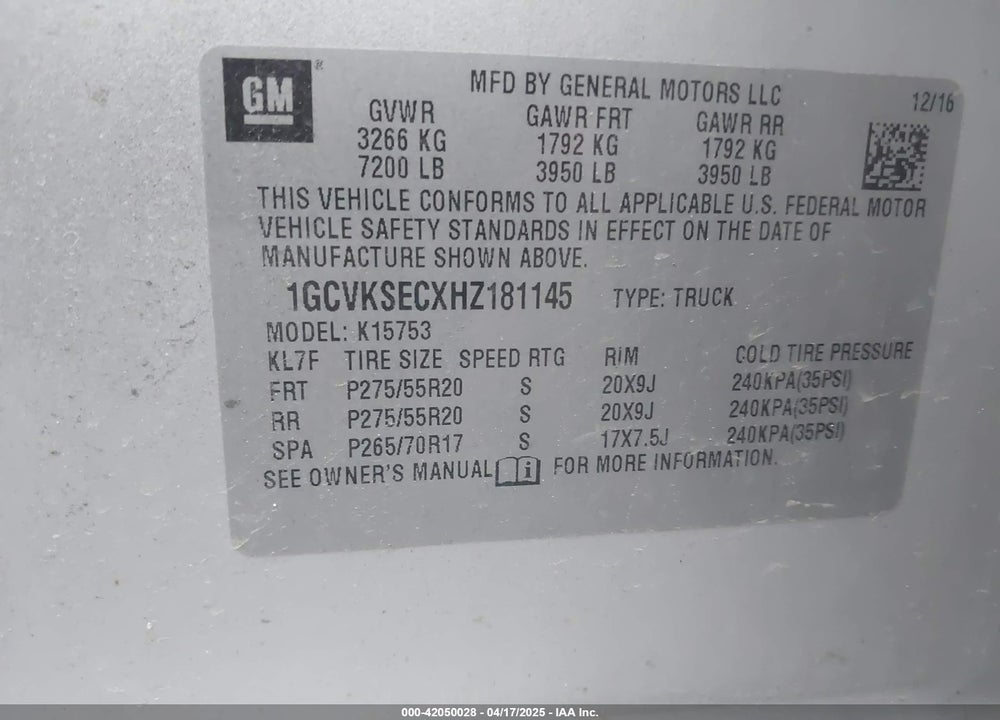 2017 CHEVROLET SILVERADO 1500 1LZ VIN: 1GCVKSECXHZ181145